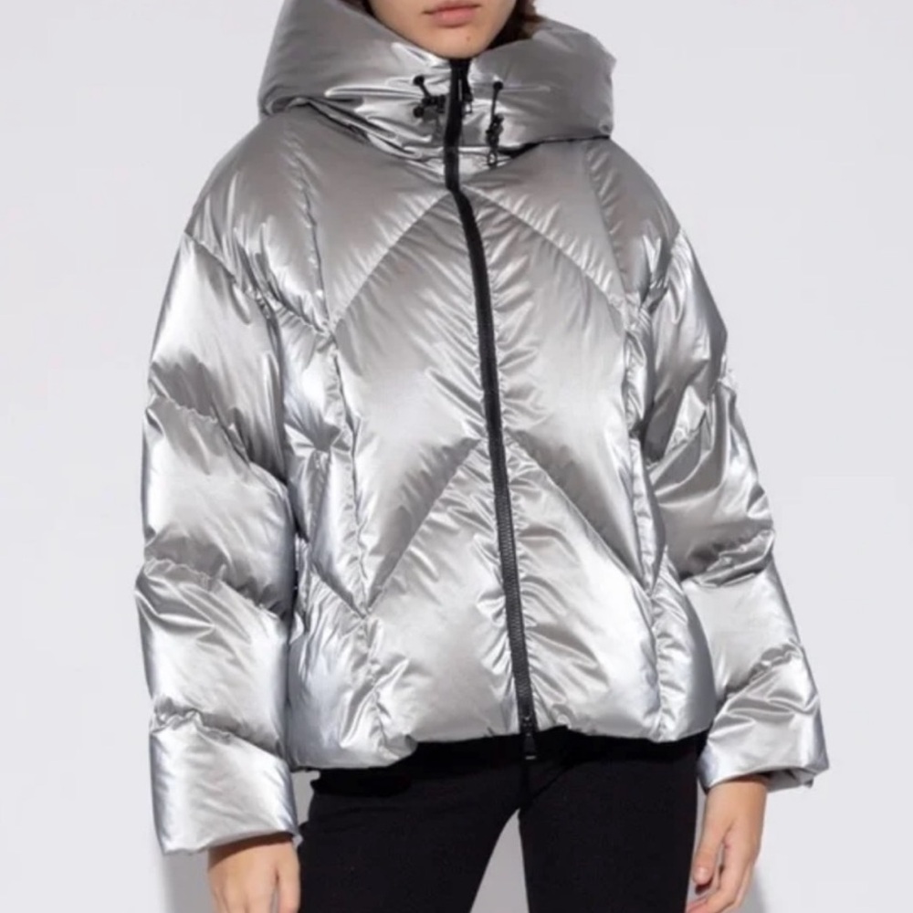 Moncler Silver Metallic Puffer Jacket with Hood